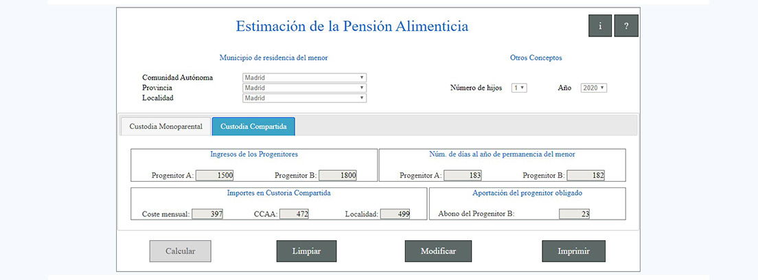 Pantallazo de la aplicación del CGPJ para calcular la pensión alimenticia