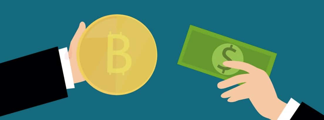 Ilustración de mano con bitcoin y otra mano con billete de dólar