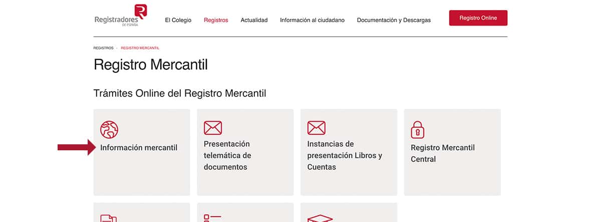 Pantallazo de la página web Registradores de España