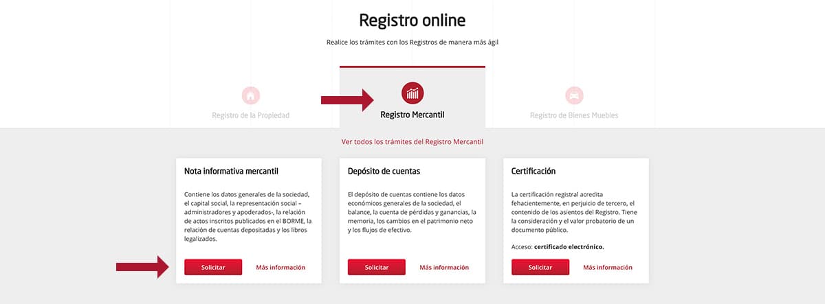 Pantallazo de la página web Registradores de España