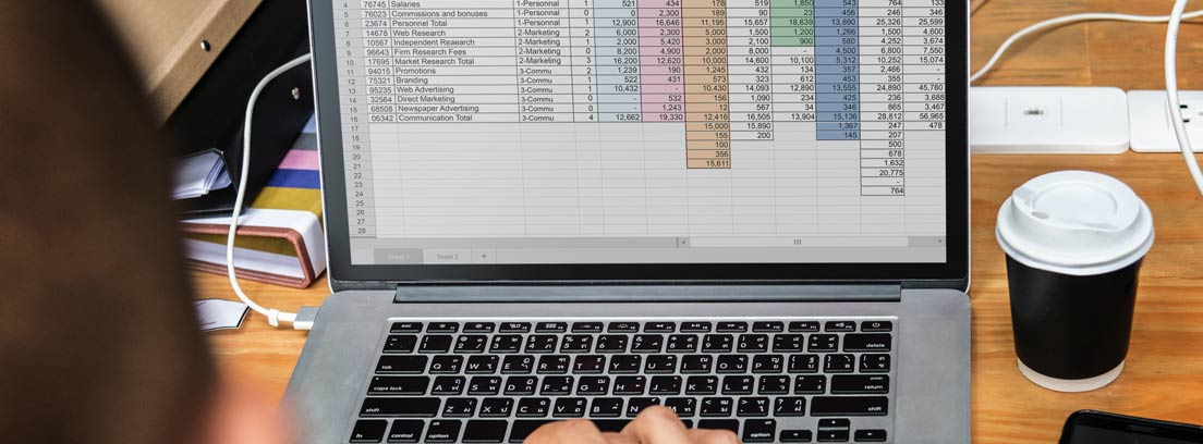 Persona delante del ordenador gestionando Excel con inventario