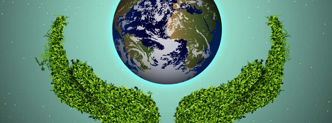 Planeta tierra sostenido por manos de hierba verde