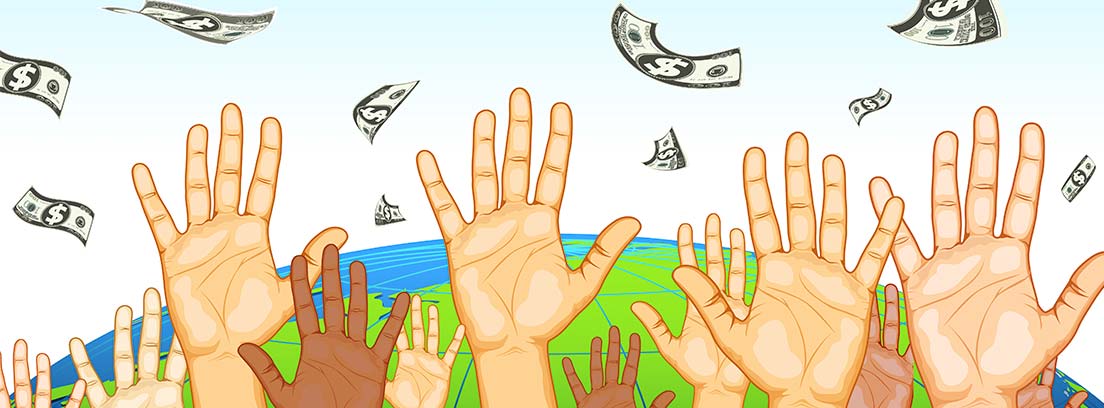 Ilustración de varias manos bajo una lluvia de billetes, como metáfora del estado de bienestar