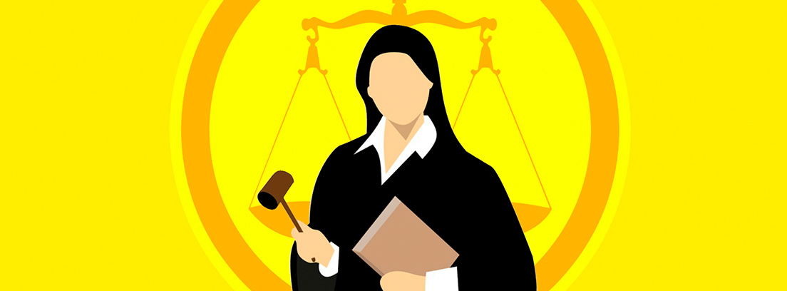 Ilustración de una juez sujetando un mazo y un libro delante del símbolo de la justicia