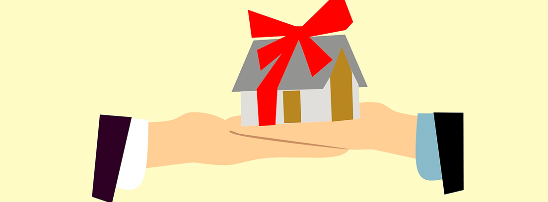 Ilustración de unas manos sujetando una casa con un lazo de regalo
