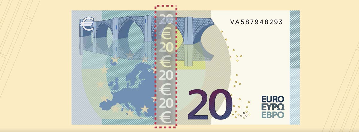 billete de 20 euros con la línea central marcada