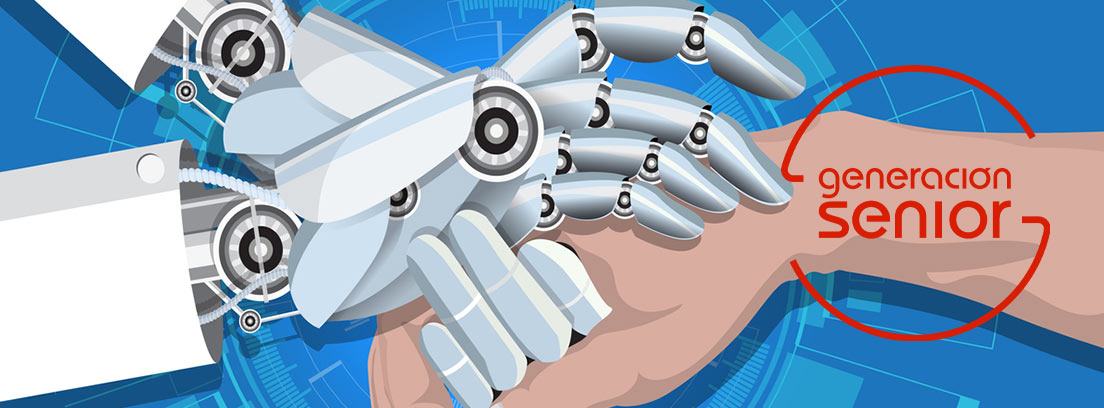 Ilustración de manos humanas y manos de un robot estrechándose