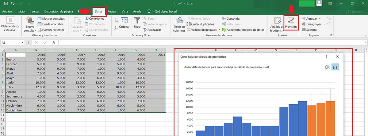 Pantallazo de los pasos para hacer previsiones de datos en Excel