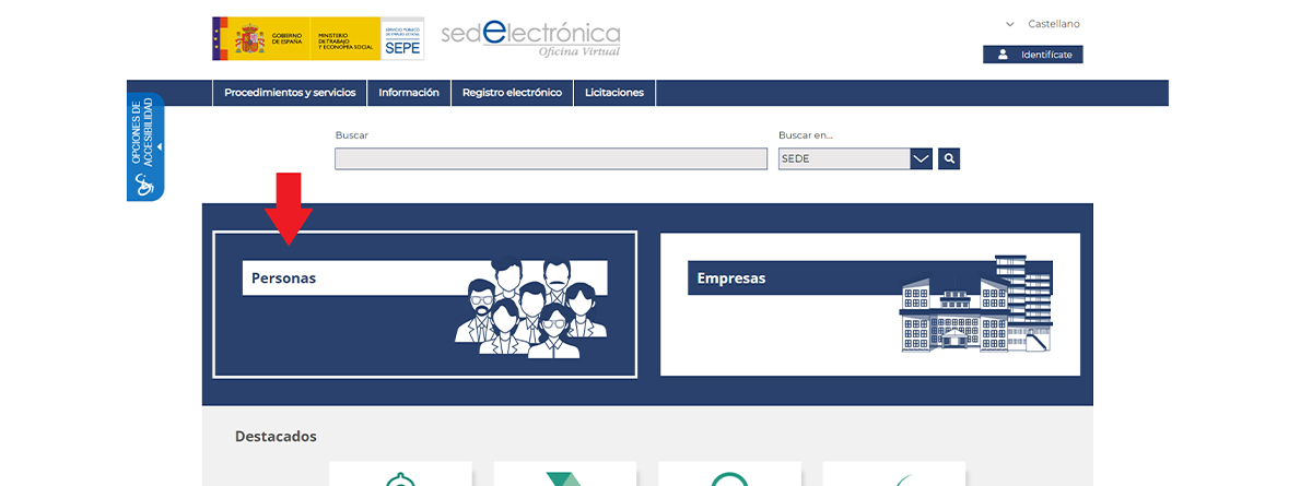 Página de acceso de la Sede Electrónica del SEPE