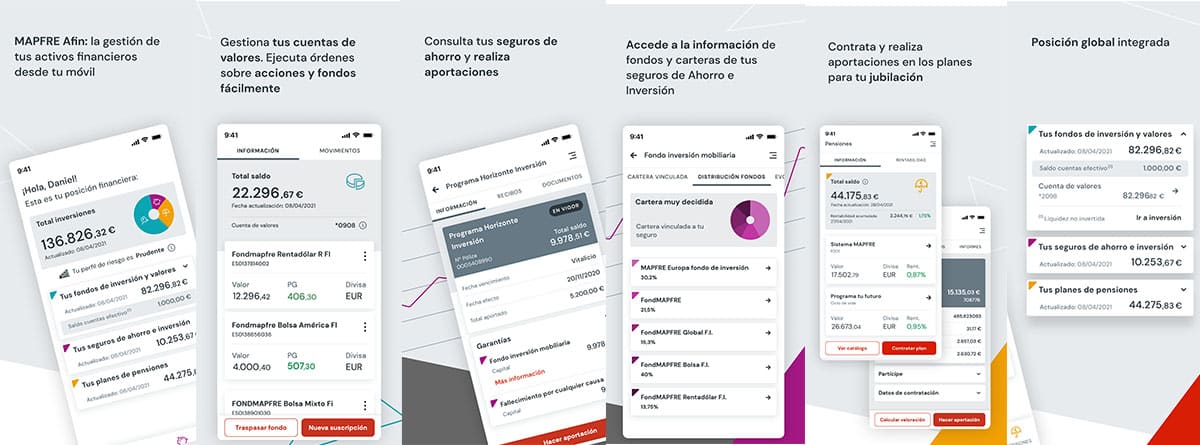 APP MAPFRE AFIN: diferentes pantallas de la aplicación sobre finanzas