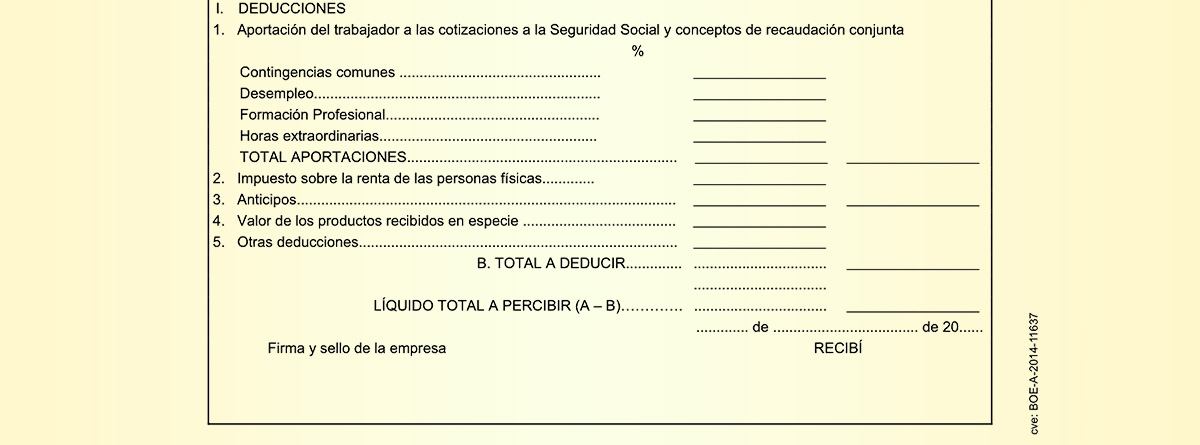 Cuerpo del modelo oficial de hojas de salario. BOE 11/11/2014