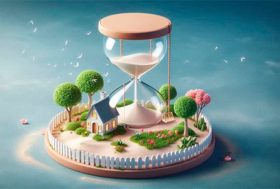 Maqueta 3d digital de reloj de arena con jardin y casa