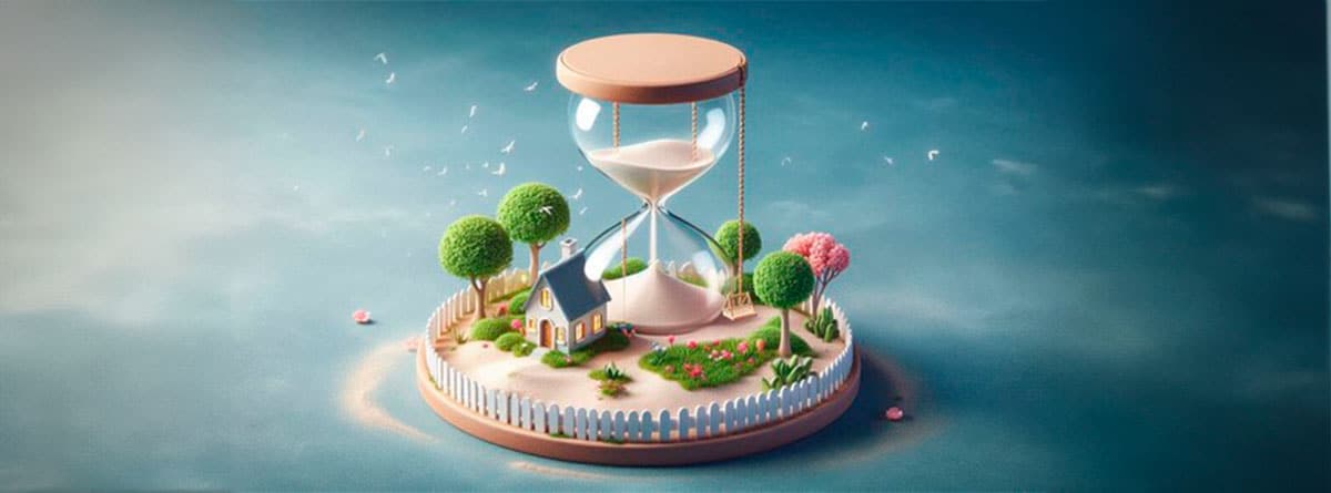 Maqueta 3d digital de reloj de arena con jardin y casa