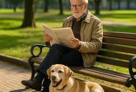Hombre con un perro sentado en un banco